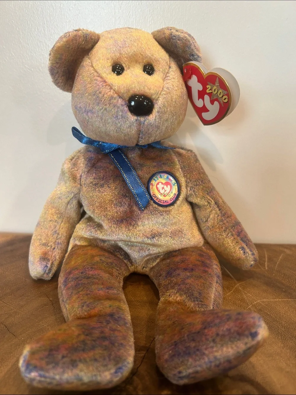 Ty Multicolor Plush Bear with Blue Ribbon and Heart Tag